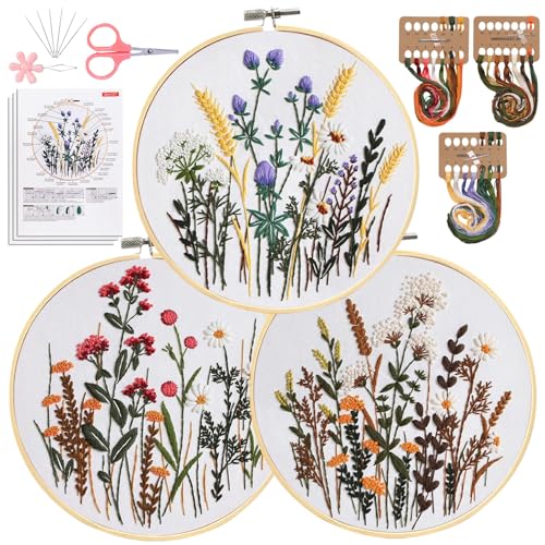 Image of Santune 3 Pack Embroidery Kit for Beginners, Needlepoint Cross Stitch Kits for Adults,Needle Point Sets with Stamped Wild Flower Pattern Stitch Video Tutorial