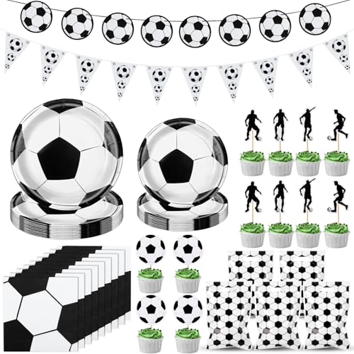 Fzyisw 80 Pcs Service de Table de Fête Football, Décorations Football, Articles de Fête D'anniversaire, Assiettes en Carton, Serviettes, Sacs Cadeaux,...