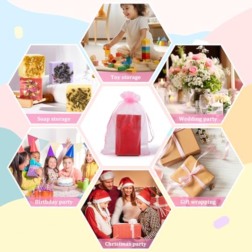 Image of Hopttreely 100pcs Pink Organza Bags Large, 6 x 9 inch Drawstring Gift Pouches Mesh Party Favor Bags for Christmas Wedding Baby Shower