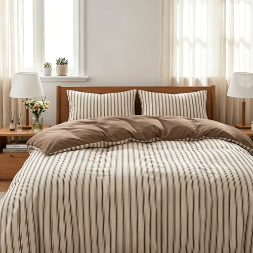 Image of Nayoroom Striped Duvet Cover Queen Reversible Beige Brown Stripe Bedding