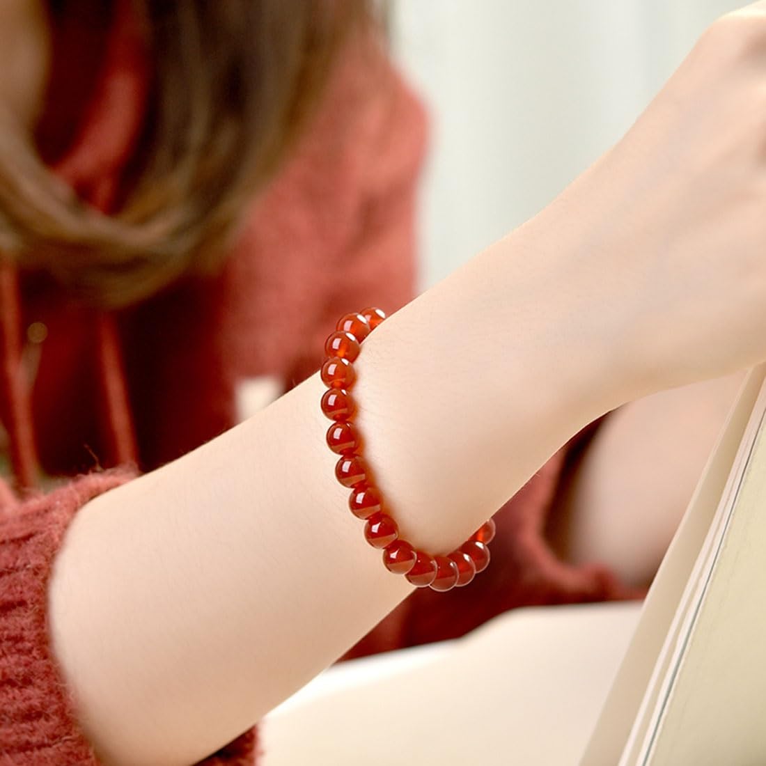 YDYDTTKD Bracciale in Giada Rossa per Donna Uomo, Pietre Preziose di Agata Corniola, Calcedonio e Perline Elasticizzate