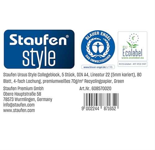 Staufen Ursus Style College Notepad, Pack of 5, DIN A4, Line Style 22 (5 mm Squared), 80 Sheets, 4-Hole Punch - Image 2