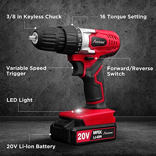 Avid Power 20V MAX Lithium Ion Cordless Drill, Power Drill Set with 3/8 inches Keyless Chuck, Variable Speed, 16 Position and 22pcs Drill/Driver Bits