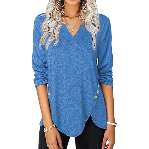 Lylinan Womens Fall Fashion Tops 2024 Long Sleeve Shirts V Neck Sweatshirt for Women Sweaters Trendy Outfits Tunic Fashion Blouses Button Down Clothes Blue Small Cover