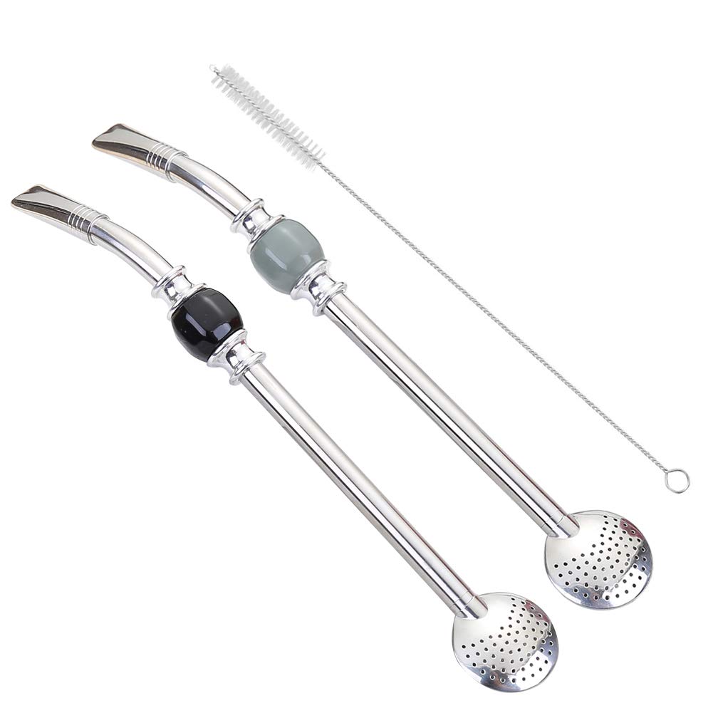 Set of 2 Premium big Yerba Mate stainless steel straws 8.2'' long - Bombillas for Mate gourd drinking,removable head filter, with Cleaning Brush (Gray-Black 2+1)