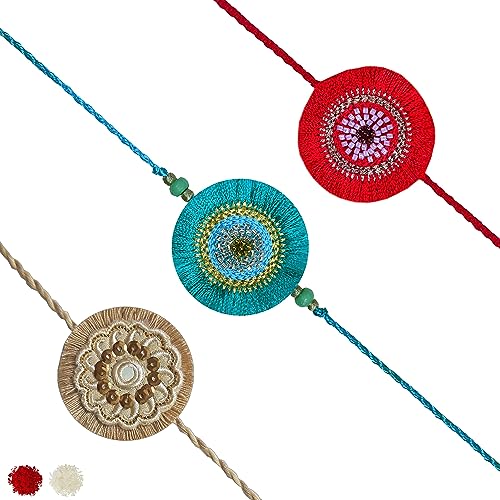 Image of MASQ by Q-One Designer Rakhi Combo Set with Roli Chawal & Moli for Men (Pack of 3) | Embroidered Handcrafted Raksha Bandhan Bracelet for Brother