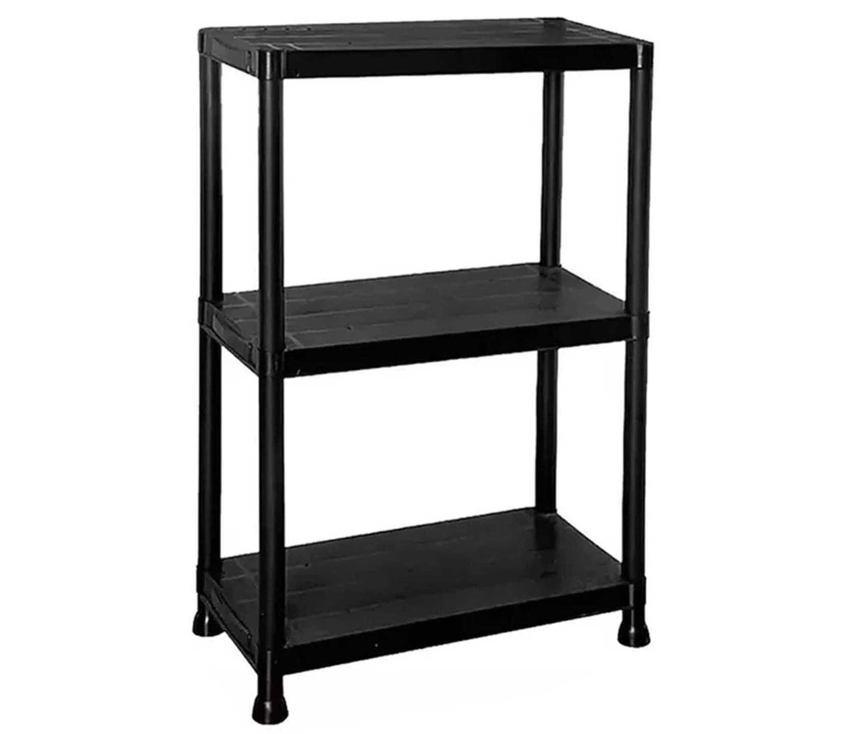 PREMZO Plastic Storage Shelving Unit 3/4/5 Tier Durable Lightweight Freestanding Rack Organiser for Garage Shed Warehouse Home Utility Workshop Storage Black (1, 3 Tier)