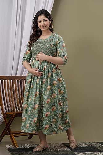 Image of Maternity Feeding Kurti for Women | Cotton Blend Anarkali Dress with Nursing Zip for Pre & Post Pregnancy
