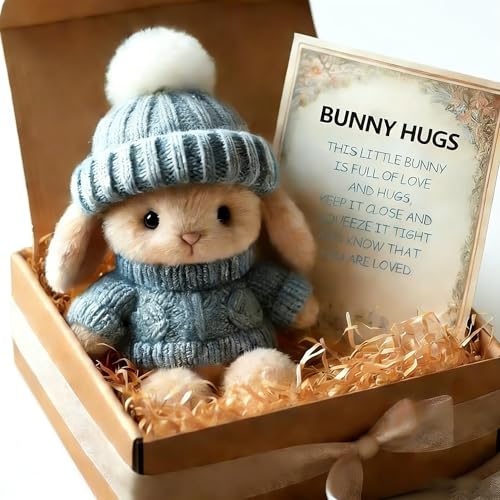 Handmade Mini Bunny Hug Cute Easter Gift with Card 2026 New Soft Plush Rabbit Mini Bunny Hugs in Box Easter Basket Bunny Stuffer Women MenSmall Thoughtful Gift for Friends & Family (blue)
