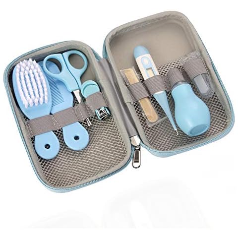 ZELINYE Baby Grooming Kit, 8 in 1 Baby Hair Brush/Nail Clipper/Nose Cleaner/Finger Toothbrush/Nail Scissors/Manicure Kit for Baby Care Keep Healthy and Clean(Blue) Cover