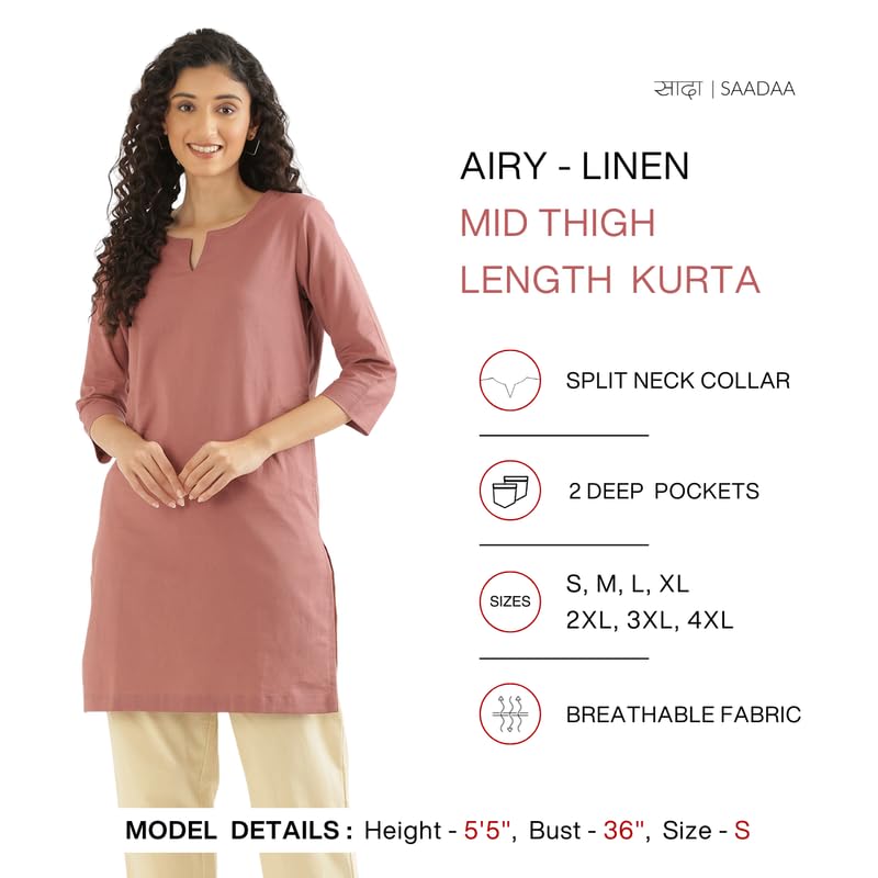 Image of SAADAA Airy Linen Mid Thigh Length Kurta for Women | Stylish Split Neck, 3 /4 Sleeves & Side Pockets | Comfortable Everyday Wear Kurta | Breathable Fabric |