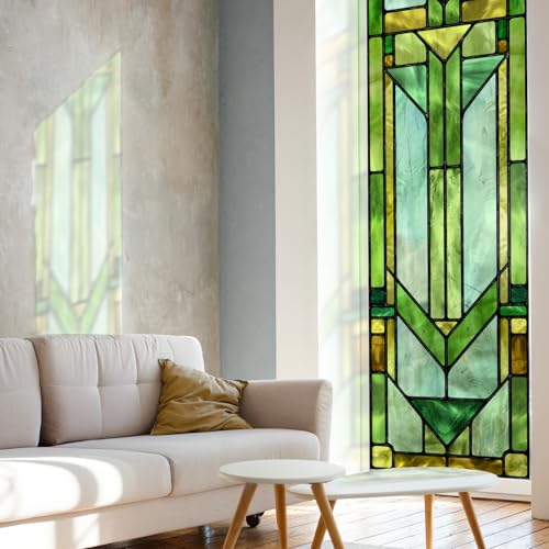 Flortlias Faux Stained Glass Effect Transparent Window Film, Original Hand Dawn Static Cling Home Decal Inspired by Frank Lioyd Wright, 22.83