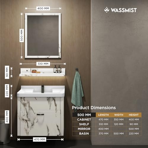 Image of WASSMIST Bathroom Vanity Washbasin Cabinet with Mirror & Shelf | Wall Mounted Wash Basin with Cabinet Full Set | Waterproof & Unbreakable (White)