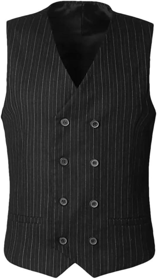 Men's Solid Color Casual V-Neck Double Breasted Striped Slim Fit Formal Wedding Vest