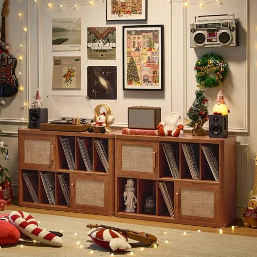 Image of LEYAOYAO Large Record Player Stand with Vinyl Storage Up to 450 Albums, 39.5 inch Wood Rattan Boho Record Storage Accent Cabinet, Modern Stereo Media Cabinets, Turntable Stand for Living Room, Tea Brown