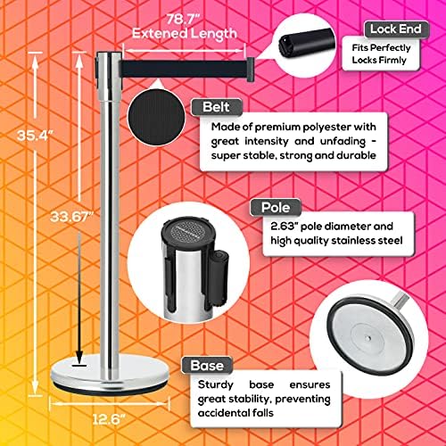 Image of DuraSteel Chrome Crowd Control Barriers Stanchions with Retractable Belts - Metal Stanchion Posts w / 6.5ft Black Retractable Barrier Belt Ropes - Queue VIP Safety Line Dividers - Set of 2 Stantions