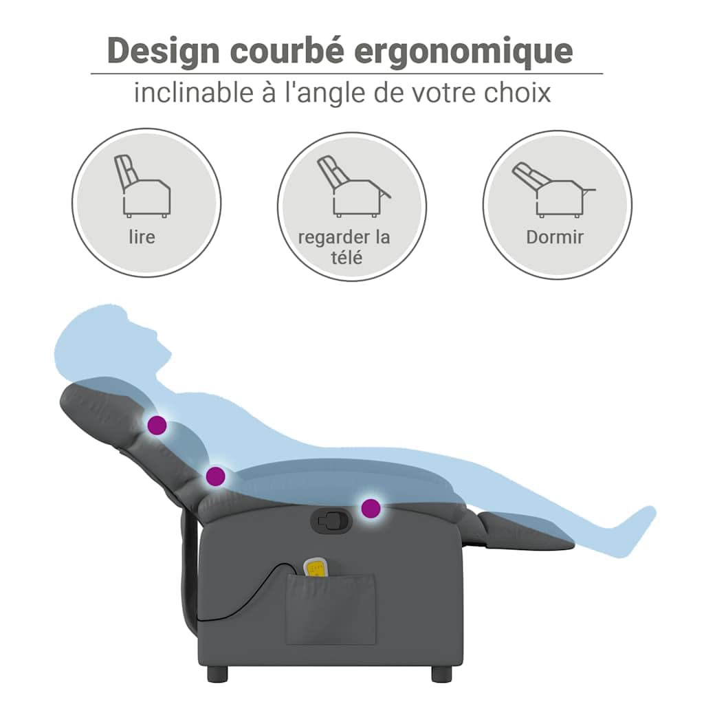 vidaXL Fauteuil de Massage Inclinable, Chaise de Relaxation avec Dossier, Siège avec Repose-Pied, Fauteuil TV de Salon, Moderne, Gris Similicuir