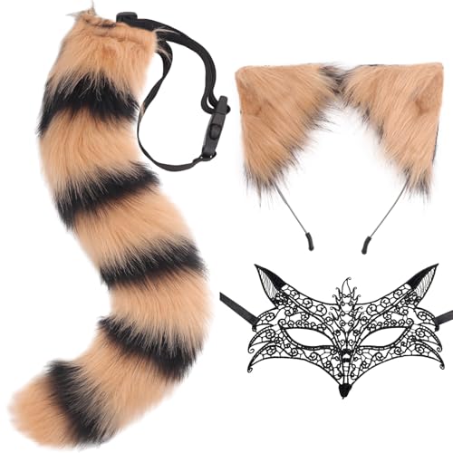 DRESHOW Faux Fur Wolf Tail Cat Ears Headband Lace Masquerade Mask Set Wolf Fox Cosplay Costume Animal Dress Up Fancy Dress Accessories Halloween Role Play Party Costume