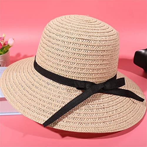 Chapeau de paille pliable pour femme avec grand bord anti-UV et ruban