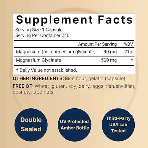NatureBell Magnesium Glycinate 500mg 240 Capsules: Sleep, Muscle & Heart Support, 3rd Party Tested, Non-GMO, Gluten-Free