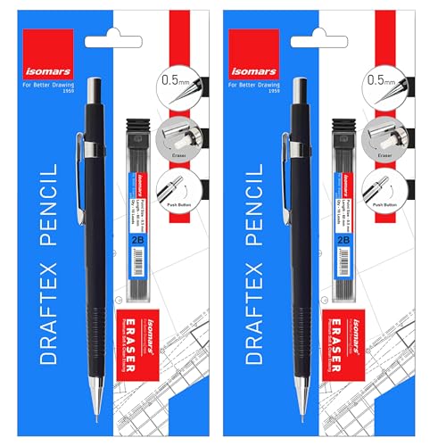 Image of Isomars Draftex 2B Mechanical Pencil Set - 0.5mm Black Pencils with Extra Leads & Erasers | Set of 2 Technical Drafting Pencils for Drawing, Sketching, Engineering, Architecture & Writing