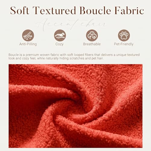 Image of Accent Chairs Set of 2 for Living Room, Boucle Fabric, Burnt Orange | Modern Accent Chair with Cloud Backrest, Soft Textured Boucle Fabric, Small Reading Chair for Sunroom, Reception Area