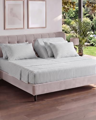Image of Flex Top Split Head King 6 Piece Sheet Set - Soft & Cooling - Grey Stripes | Ultra Soft Hotel Luxury Bedding Set w / 8-16 Inch Deep Pockets, 1 Flat & 1 Split-Head Fitted Sheet & 4 Pillowcases, Fade Free
