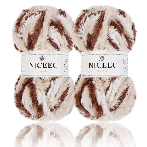 Image of NICEEC 2 Skeins Faux Fur Yarn Super Soft, Chunky & Fluffy, Eyelash Yarn for Crochet & Knitting (Total Length 70yds,3.53oz) - Calico Cat