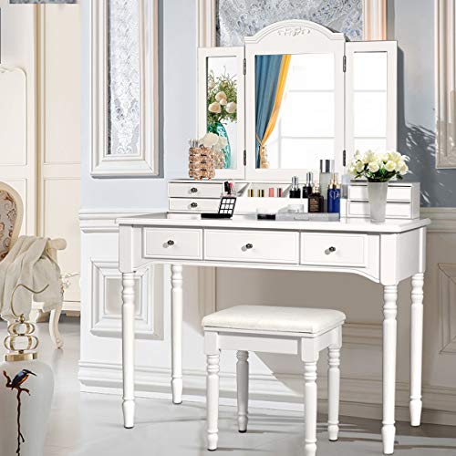 Charmaid Vanity Desk Set, White Dressing Table With Trifold Mirror, 8 Necklace Hooks, 7 Drawers, Storage Grid Organizer Box, Makeup Vanities With Cushioned Stool For Girls Women Bedroom #TOP7