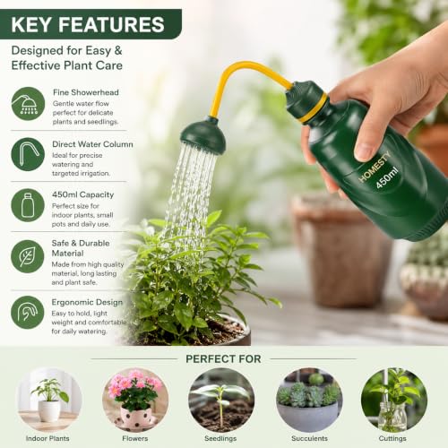 Image of Watering Can for Indoor Plants & Succulents 450ML, 2-in-1 Watering Can for Seedlings Bottle with Bend Mouth, Plastic Succulent & Flower Watering Bottle for Indoor, Garden & Home Plants (Green)