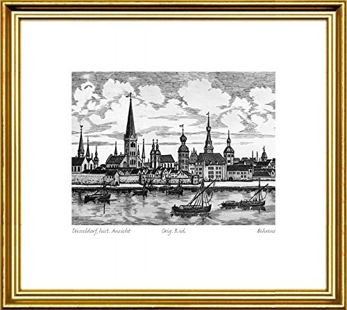 Akwaforta ręcznie drukowana monochromia Düsseldorf, hist. Ansicht z Behrens, odbitka na papierze, nie oprawiona, grafika artystyczna, sztuki projektowania, druk artystyczny