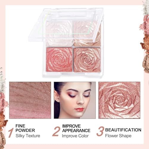 Image of Blusher Palette Powder - 4 Colors Matte & Shimmer Blush Highlighter & Long-Wearing Water-Proof, MNatural-Looking Glow Smooth & Lightweight Formula Portable Compact Design (Multicolor)