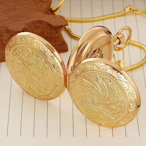 Image of Tiong Men's Luxury Pocket Watch Engraved Phoenix Mechanical Hand Wind Double Hunter Pocket Watches with Chain & Box Gifts for Father's Days