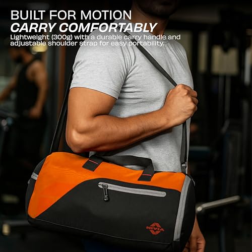 Image of Nivia Fuse Gym Duffle Bag for Men and Women, 25L Lightweight Training and Travel Bag with Shoe Compartment, Quick Access Pockets, and Adjustable Strap, Designed for Athletes, Travel (Black /Orange)