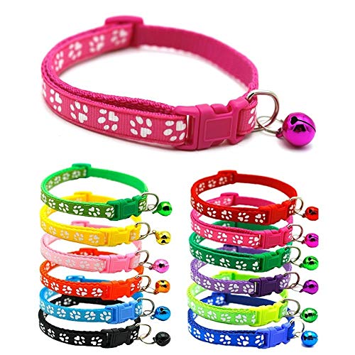 Small Dog Puppy Pet Collar Pawprint Design with Bell Nylon Adjustable Size 19-32cm Pink Magenta Rose