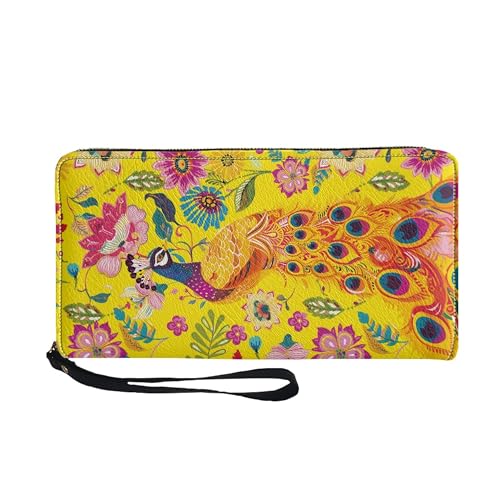 Women Leather Wallet Peacock Print Large Capacity Zipper Purse for Men PU Leather Slim Bifold with 4 Card Slots Passport Travel Wallet