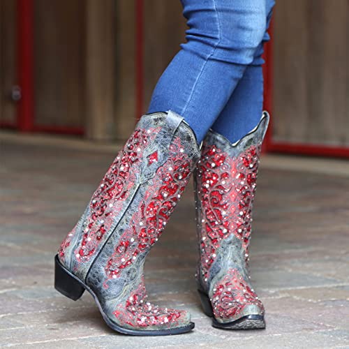VOMIRA Mid Calf Boots for Women Vintage Pointed Toe Rhinetones Wood Heel Pull On Cowgirl Boots Fashion Western Knight Boots3