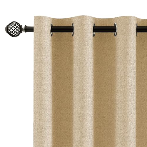 Image of LINENWALAS 100% Blackout Curtains for Window (5 Feet) - Set 2 Panels Linen Texture with Geometric Floral Pattern Complete Light Blocking with Thermal Insulated, Nose Reducing Backing (Jute Beige)