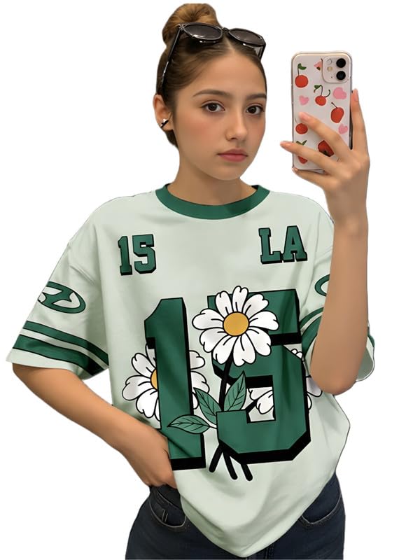 Image of KSHS Cotton Oversized T-Shirt for Women, Printed Loose Fit Womens Tshirt, Soft Cotton Fabric, Round Neck Half Sleeve Casual Top, Aesthetic Drop Shoulder Style Tee