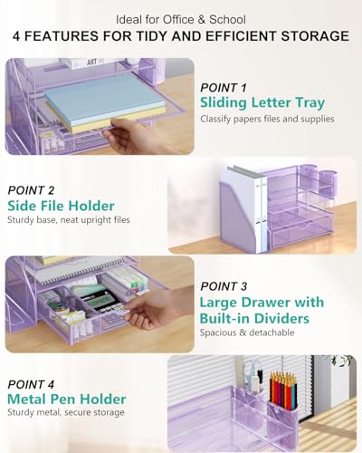 Image of WALI Desk File Organizer, 4 Tier Desktop Paper Letter Tray Organizer with Drawer and 2 Pen Holders, Office Desk Accessories & Workspace Organizers for Office, Home Supplies(DO005DH-V), 1 Pack, Purple