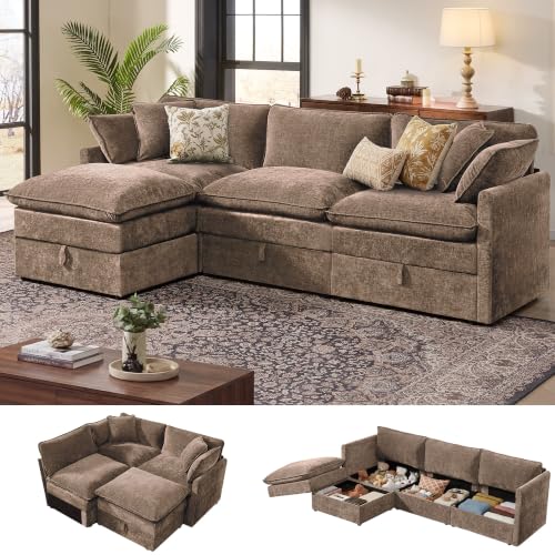 Image of Ihanherry 103 inch Modular Sectional Sofa with Storage, L Shaped Cloud Couch with Movable Ottomans & Throw Pillows, Chenille Deep Seat Sectional Couches for Living Room, Apartment (Brown)