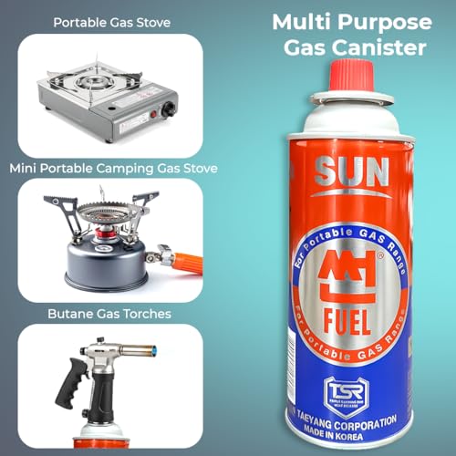 Image of Sun Butane Gas Canister 227 GMS, Pack of 8 - Portable Fuel Canister for Camping Stove, Butane Torch, Chafing Dish, Fogging Machine & Outdoor Cooking - High Safety TSR Valve