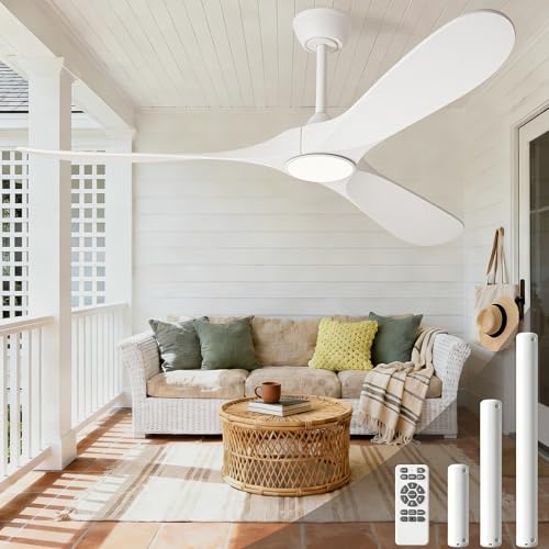 Image of White 60 inch Ceiling Fan with Light and Remote, Modern Outdoor Ceiling Fans with Lights for Indoor Living Room Patios Porch Bedroom 3 Blade Propeller High CFM Wet Rated Wooden Fan