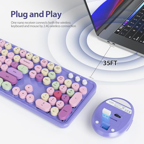 Image of Fogruaden Purple Keyboard and Mouse Wireless, Retro Typewriter Keyboard, 2.4GHz 104 Keys Full Size Cute Keyboard with Number Pad, Purple Colorful Keyboard with Round Keycap for Windows PC Laptop