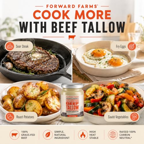 Image of Forward Farms Grass-Fed Beef Tallow for Cooking, 11 oz,(2 Pack) | 100% Pure Rendered Fat, Seed Oil Alternative, For Sauteing, Deep Frying, Searing, Keto, Paleo, Carnivore Friendly