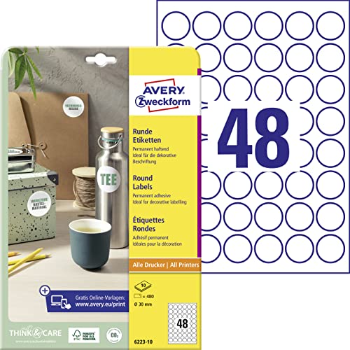 AVERY Zweckform 6223-10 Runde Etiketten (480 Klebepunkte Ø30mm auf A4 runde Aufkleber zum Bedrucken selbstklebende Produktetiketten permanent haftende Marmeladenetiketten) 10 Blatt weiß