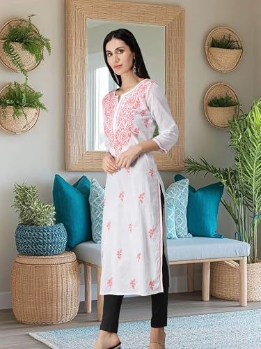 Image of Seva Chikan Hand Embroidered Lucknowi Chikankari Regular Straight Cotton Kurta Kurti for Women SCL4243