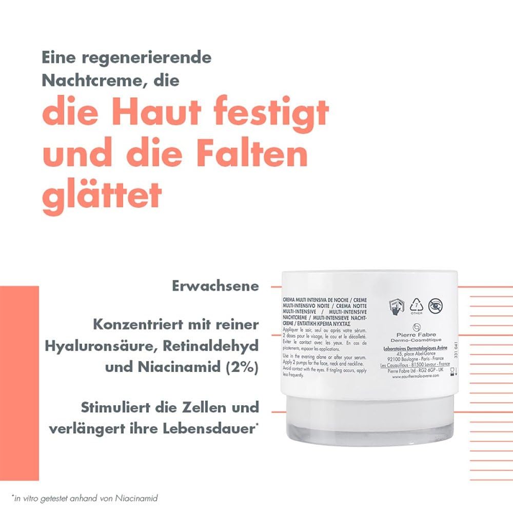 Avène Hyaluron Activ B3 Multi-intensive Nachtcreme - Anti-Aging Pflege gegen Falten mit Niacinamid, 40 ml Crema