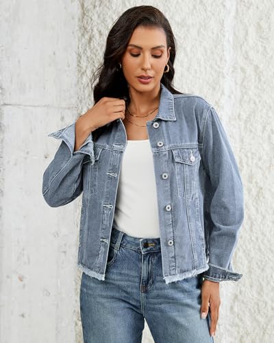 Vetinee Women's Distressed Frayed Hem Trucker Denim Jacket (Various) - image 4