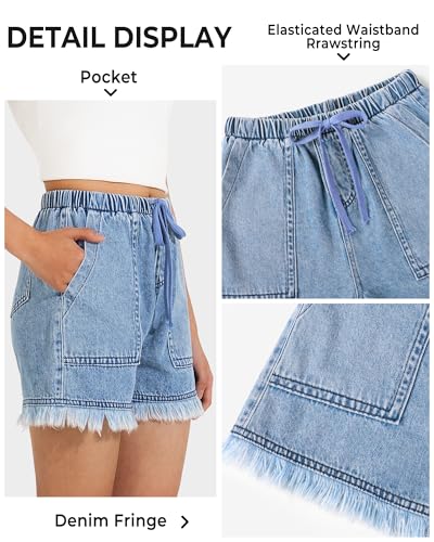 Image of BOOPH Girls Jean Shorts Denim Elastic Waist Drawstring Short for Teen Girl